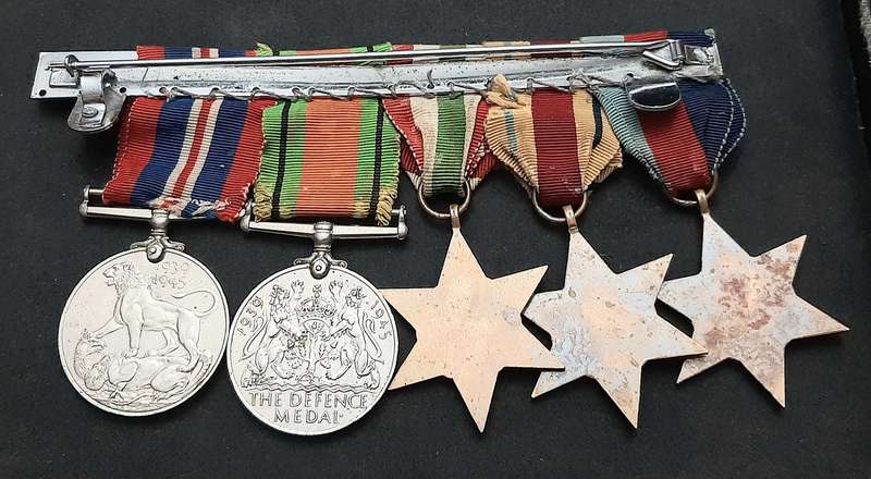 **WW2 British: Full-Size Court Mounted Campaign Medals w/ Commendation & Service Devices (x5)**