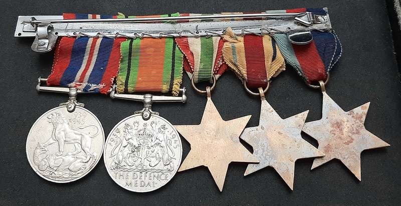 **WW2 British: Full-Size Court Mounted Campaign Medals w/ Commendation & Service Devices (x5)**