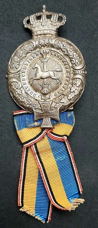 RARE: Franco-Prussian War 1874 Silverplated 'Braunschweig Landwehr Verband' Veteran's Pin w/ Ribbon