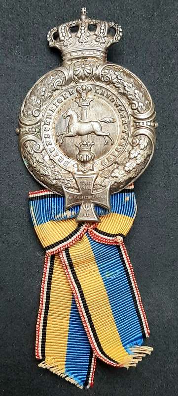 RARE: Franco-Prussian War 1874 Silverplated 'Braunschweig Landwehr Verband' Veteran's Pin w/ Ribbon