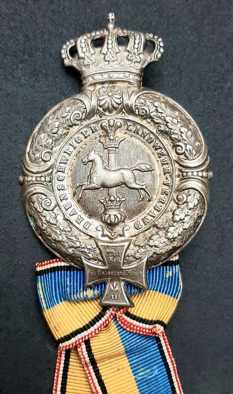 RARE: Franco-Prussian War 1874 Silverplated 'Braunschweig Landwehr Verband' Veteran's Pin w/ Ribbon