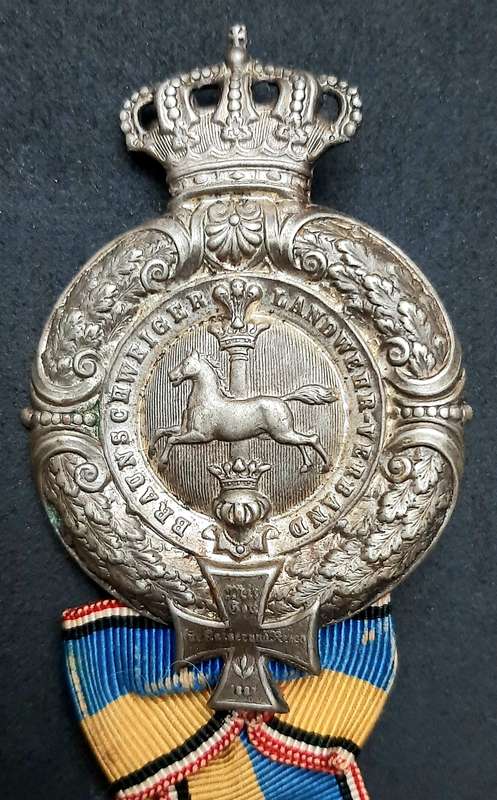 RARE: Franco-Prussian War 1874 Silverplated 'Braunschweig Landwehr Verband' Veteran's Pin w/ Ribbon