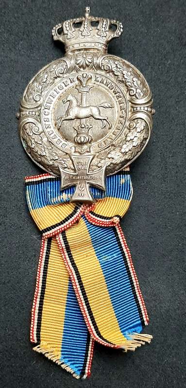 RARE: Franco-Prussian War 1874 Silverplated 'Braunschweig Landwehr Verband' Veteran's Pin w/ Ribbon
