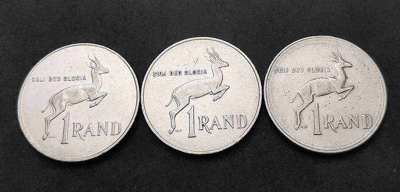 1970/80s South Africa: Lot 3 x Circulated Nickel R1 Coins (F)