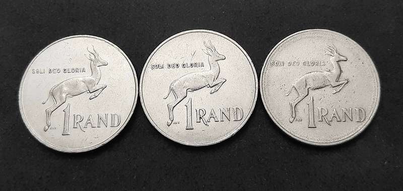 1970/80s South Africa: Lot 3 x Circulated Nickel R1 Coins (F)