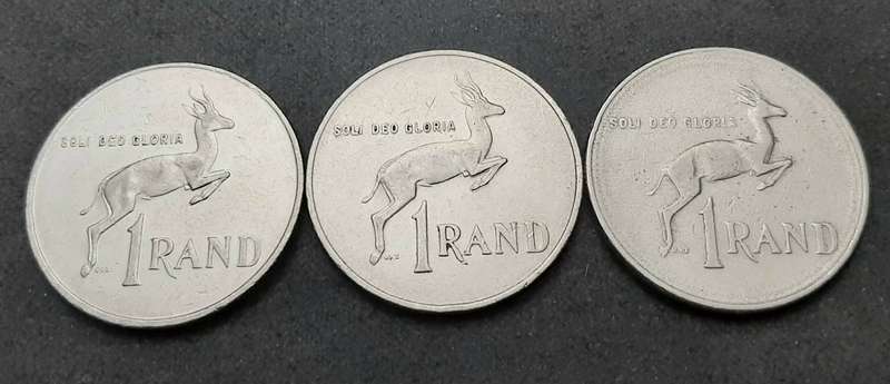 1970/80s South Africa: Lot 3 x Circulated Nickel R1 Coins (F)