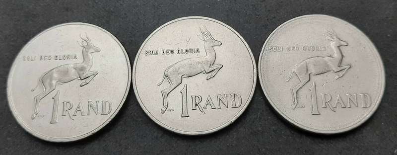 1970/80s South Africa: Lot 3 x Circulated Nickel R1 Coins (F)