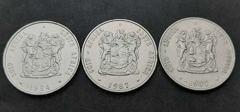 1970/80s South Africa: Lot 3 x Circulated Nickel R1 Coins (F)