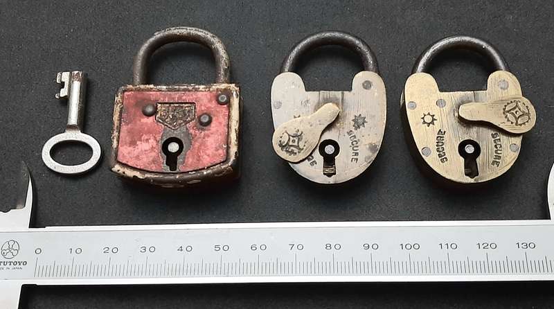 Lot : Early 20th Century - European Brass 'Trap Door' Locks & Steel Padlock ( 3 x Pcs).
