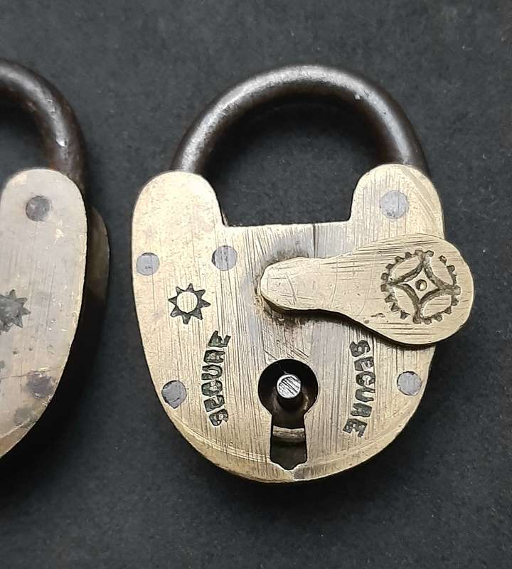 Lot : Early 20th Century - European Brass 'Trap Door' Locks & Steel Padlock ( 3 x Pcs).