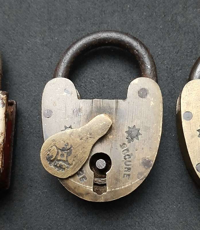 Lot : Early 20th Century - European Brass 'Trap Door' Locks & Steel Padlock ( 3 x Pcs).