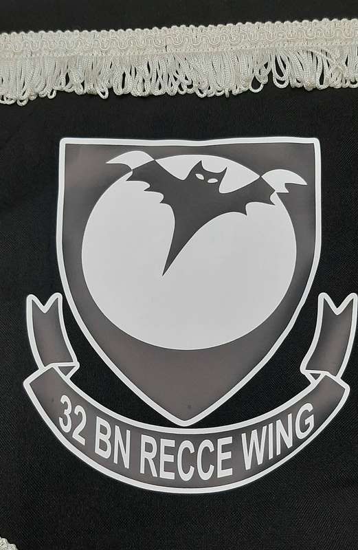 RARE: 1989 Border War - 32 Battalion 'Recce Wing' Unit Pennant w/ Trim ( 30cmx28cm).