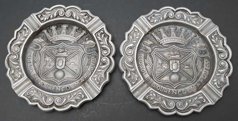 RARE: 1950s Portuguese Colonial 'Lourenco Marques' Pewter Ashtray Pair (17cm x 17cm).