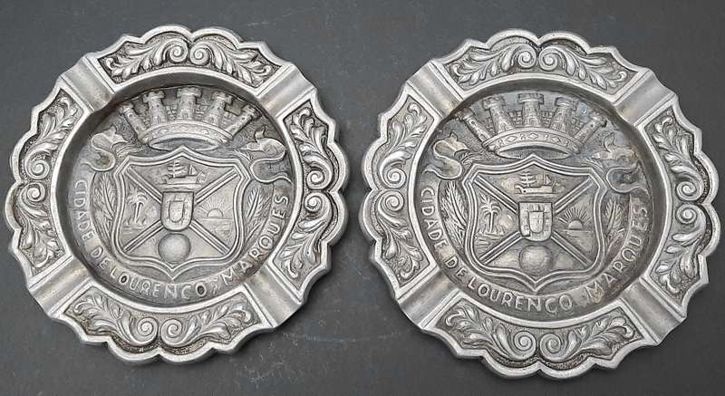 RARE: 1950s Portuguese Colonial 'Lourenco Marques' Pewter Ashtray Pair (17cm x 17cm).