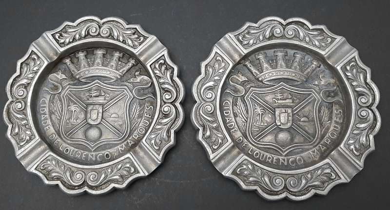 RARE: 1950s Portuguese Colonial 'Lourenco Marques' Pewter Ashtray Pair (17cm x 17cm).