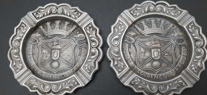 RARE: 1950s Portuguese Colonial 'Lourenco Marques' Pewter Ashtray Pair (17cm x 17cm).