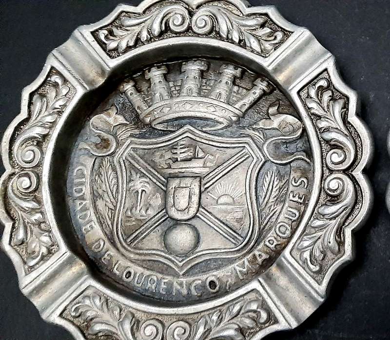 RARE: 1950s Portuguese Colonial 'Lourenco Marques' Pewter Ashtray Pair (17cm x 17cm).