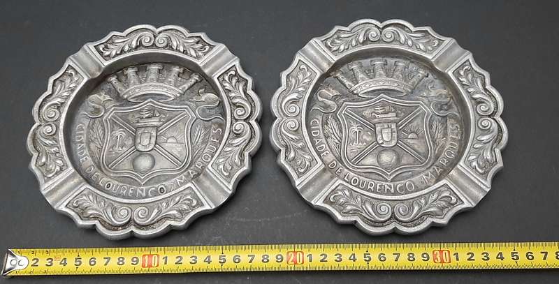 RARE: 1950s Portuguese Colonial 'Lourenco Marques' Pewter Ashtray Pair (17cm x 17cm).