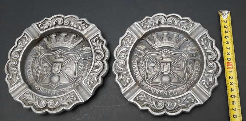 RARE: 1950s Portuguese Colonial 'Lourenco Marques' Pewter Ashtray Pair (17cm x 17cm).