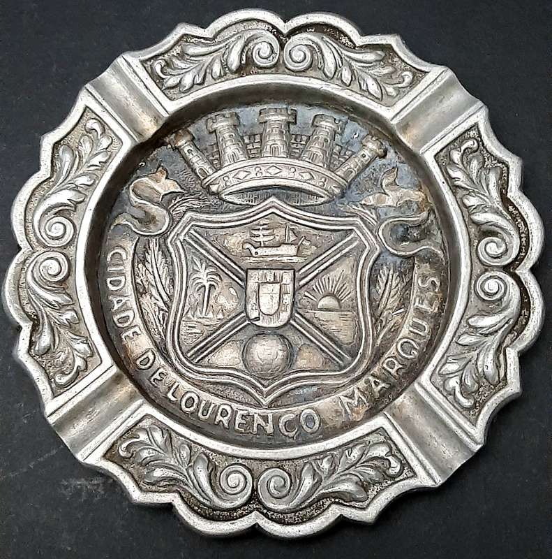 RARE: 1950s Portuguese Colonial 'Lourenco Marques' Pewter Ashtray Pair (17cm x 17cm).