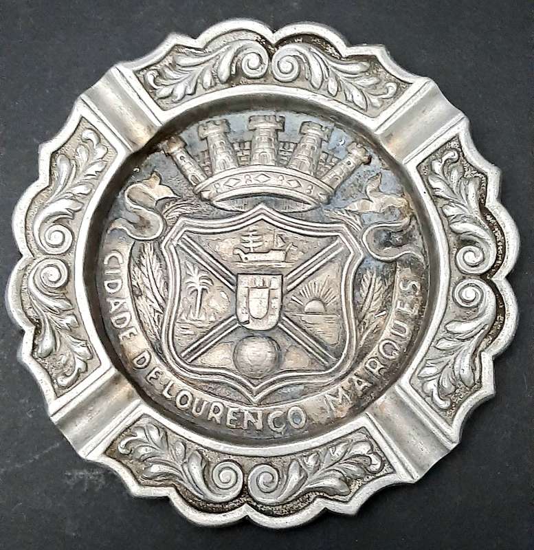 RARE: 1950s Portuguese Colonial 'Lourenco Marques' Pewter Ashtray Pair (17cm x 17cm).