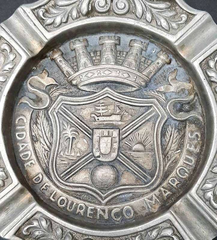 RARE: 1950s Portuguese Colonial 'Lourenco Marques' Pewter Ashtray Pair (17cm x 17cm).