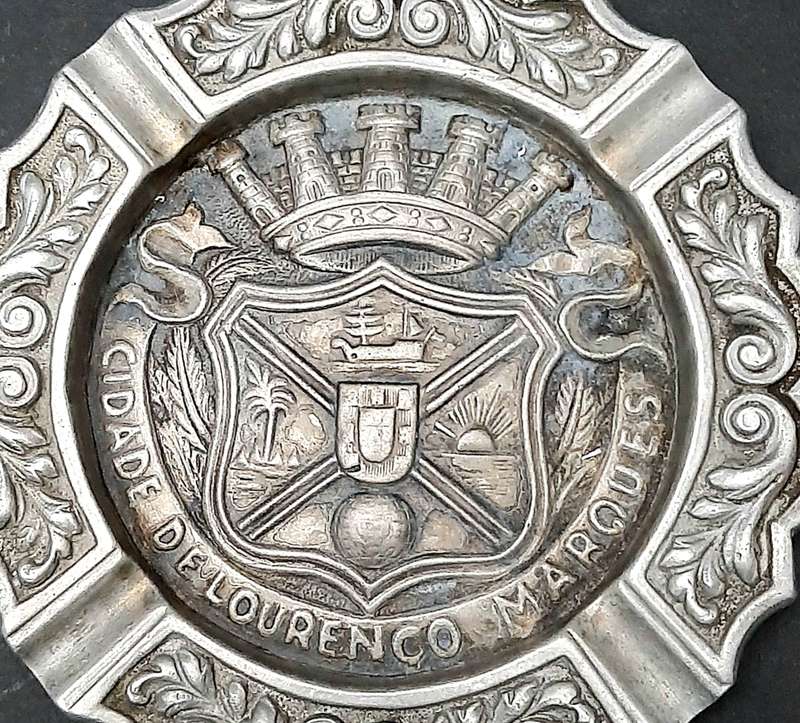 RARE: 1950s Portuguese Colonial 'Lourenco Marques' Pewter Ashtray Pair (17cm x 17cm).