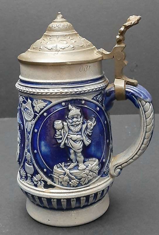 RARE: WW1 German Imperial 'Cobalt Blue' Salt Glazed Bier Stein w/ Pewter Cap (300ml).
