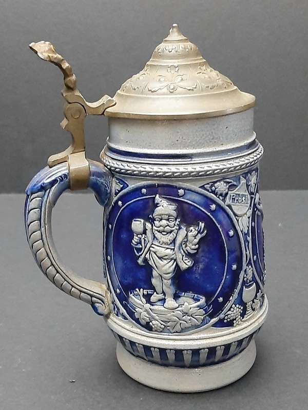 RARE: WW1 German Imperial 'Cobalt Blue' Salt Glazed Bier Stein w/ Pewter Cap (300ml).