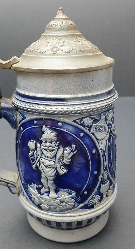 RARE: WW1 German Imperial 'Cobalt Blue' Salt Glazed Bier Stein w/ Pewter Cap (300ml).