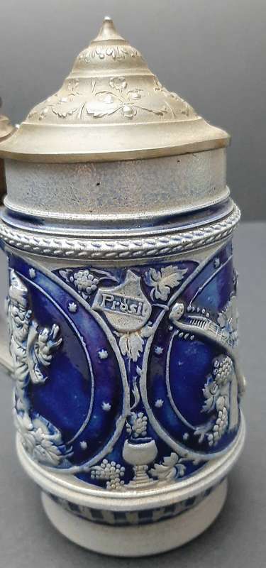 RARE: WW1 German Imperial 'Cobalt Blue' Salt Glazed Bier Stein w/ Pewter Cap (300ml).