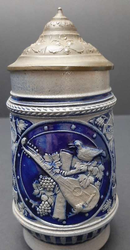 RARE: WW1 German Imperial 'Cobalt Blue' Salt Glazed Bier Stein w/ Pewter Cap (300ml).