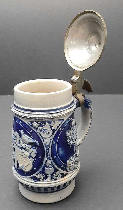 RARE: WW1 German Imperial 'Cobalt Blue' Salt Glazed Bier Stein w/ Pewter Cap (300ml).