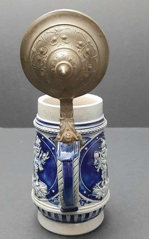 RARE: WW1 German Imperial 'Cobalt Blue' Salt Glazed Bier Stein w/ Pewter Cap (300ml).