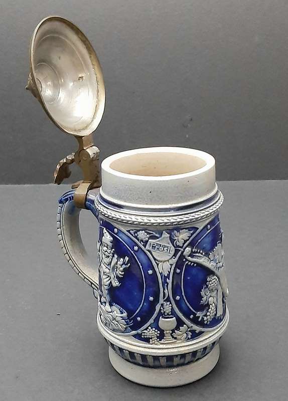 RARE: WW1 German Imperial 'Cobalt Blue' Salt Glazed Bier Stein w/ Pewter Cap (300ml).