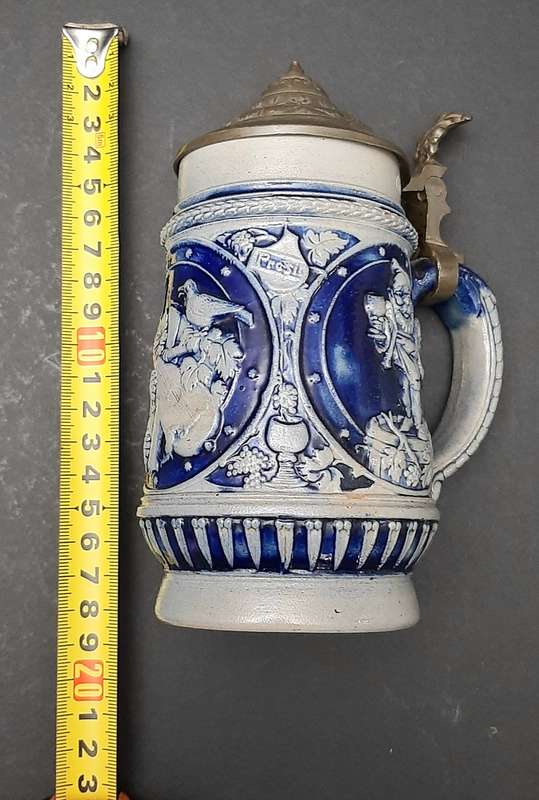 RARE: WW1 German Imperial 'Cobalt Blue' Salt Glazed Bier Stein w/ Pewter Cap (300ml).