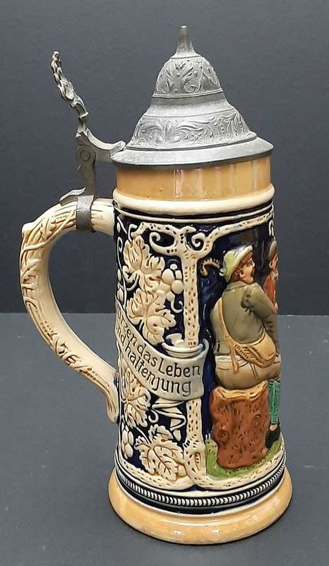 RARE: 1930s German Export Glazed Ceramic Bier Stein w/ Pewter Cap (500 ml).