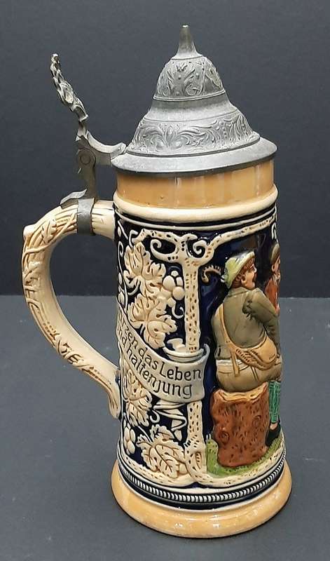 RARE: 1930s German Export Glazed Ceramic Bier Stein w/ Pewter Cap (500 ml).