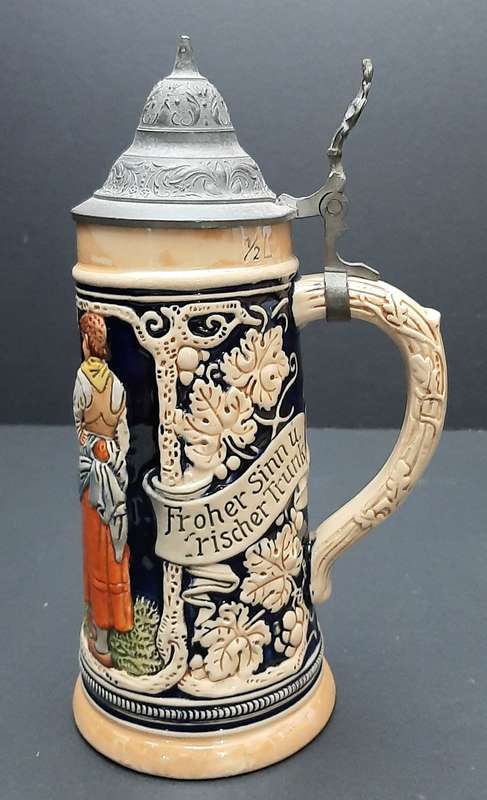 RARE: 1930s German Export Glazed Ceramic Bier Stein w/ Pewter Cap (500 ml).