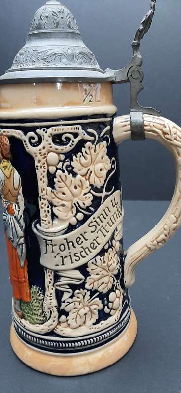 RARE: 1930s German Export Glazed Ceramic Bier Stein w/ Pewter Cap (500 ml).