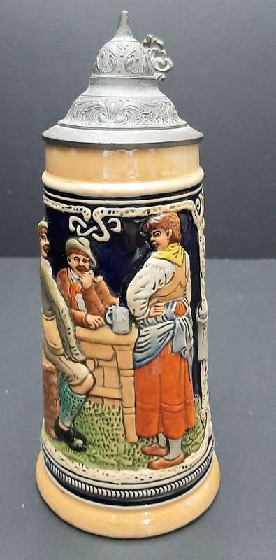 RARE: 1930s German Export Glazed Ceramic Bier Stein w/ Pewter Cap (500 ml).