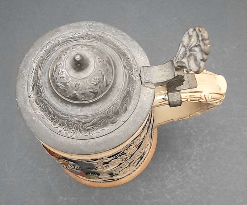 RARE: 1930s German Export Glazed Ceramic Bier Stein w/ Pewter Cap (500 ml).