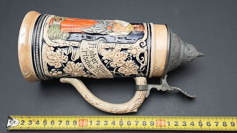 RARE: 1930s German Export Glazed Ceramic Bier Stein w/ Pewter Cap (500 ml).