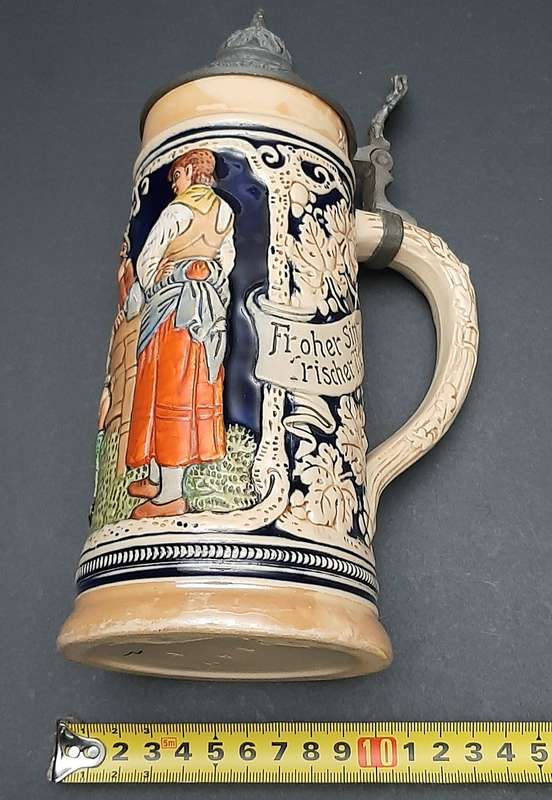 RARE: 1930s German Export Glazed Ceramic Bier Stein w/ Pewter Cap (500 ml).
