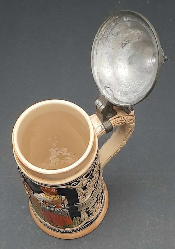 RARE: 1930s German Export Glazed Ceramic Bier Stein w/ Pewter Cap (500 ml).