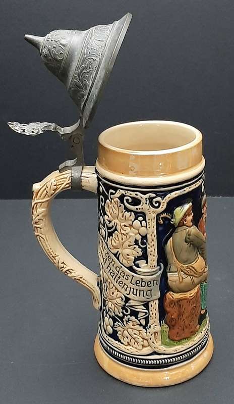 RARE: 1930s German Export Glazed Ceramic Bier Stein w/ Pewter Cap (500 ml).