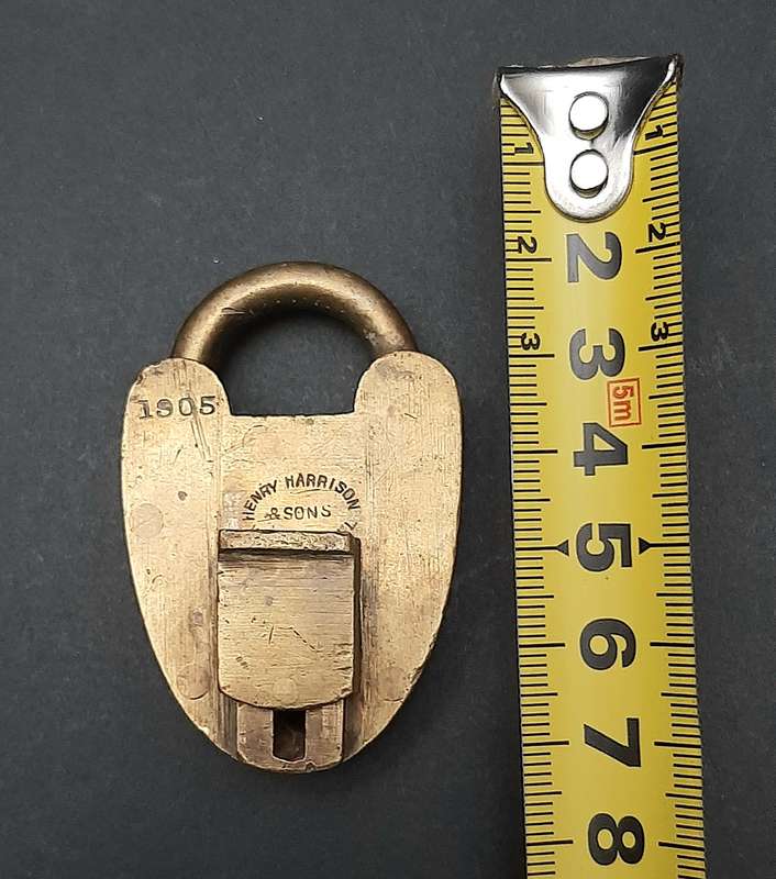 Early 20th Century: 1905 Henry Harrison & Sons Brass Trap-Door Padlock .NO KEY.(5cmx4cm).