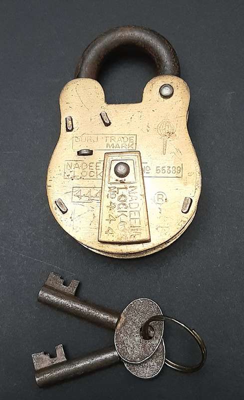 Mid-20th Century : 'Nadeem' Indian Brass 5-Lever Padlock w/ Keys  ( 9cm x 4.5cm)