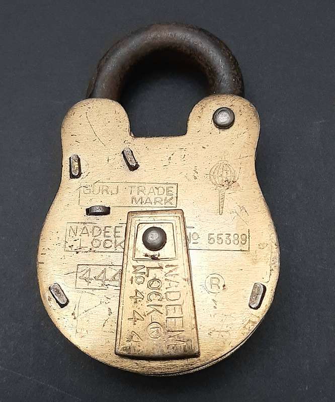 Mid-20th Century : 'Nadeem' Indian Brass 5-Lever Padlock w/ Keys  ( 9cm x 4.5cm)