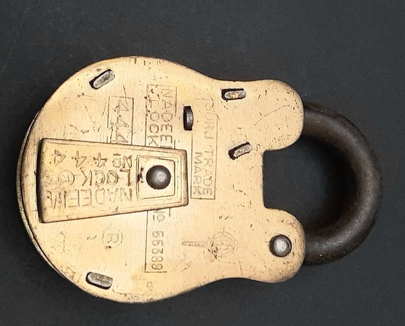 Mid-20th Century : 'Nadeem' Indian Brass 5-Lever Padlock w/ Keys  ( 9cm x 4.5cm)